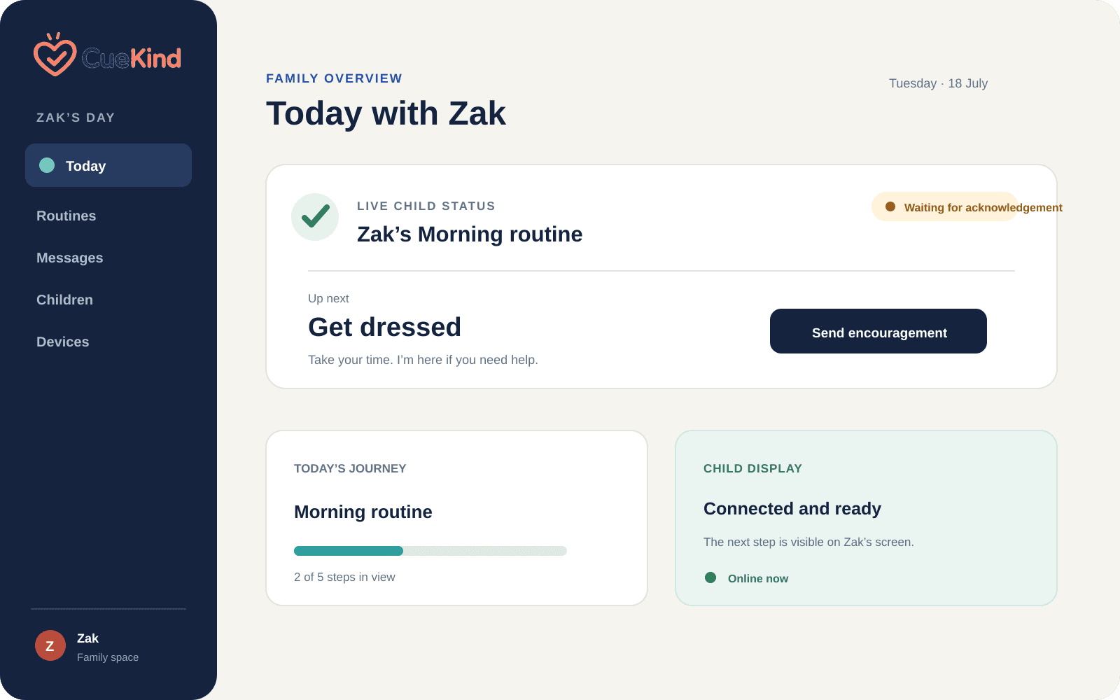 Parent CueKind dashboard showing routine progress